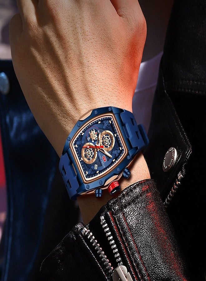 MF MINI FOCUS Men Watch Unique Tonneau Casual Wrist Watches (Chronograph/Waterproof/Luminous/Calendar/24 Hours) Silicon Band Fashion Watch for Men (Blue & Golden), (MF0473G.02) - Image 3